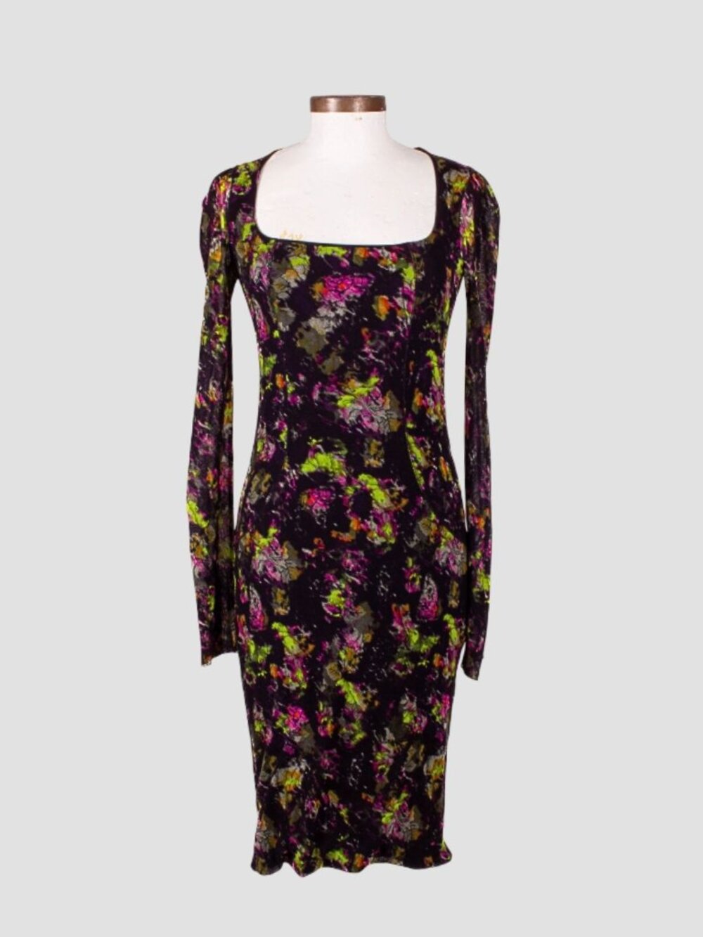 JEAN PAUL GAULTIER Multicolor Floral Sheer Long Sleeves Bodycon Dress Sz L